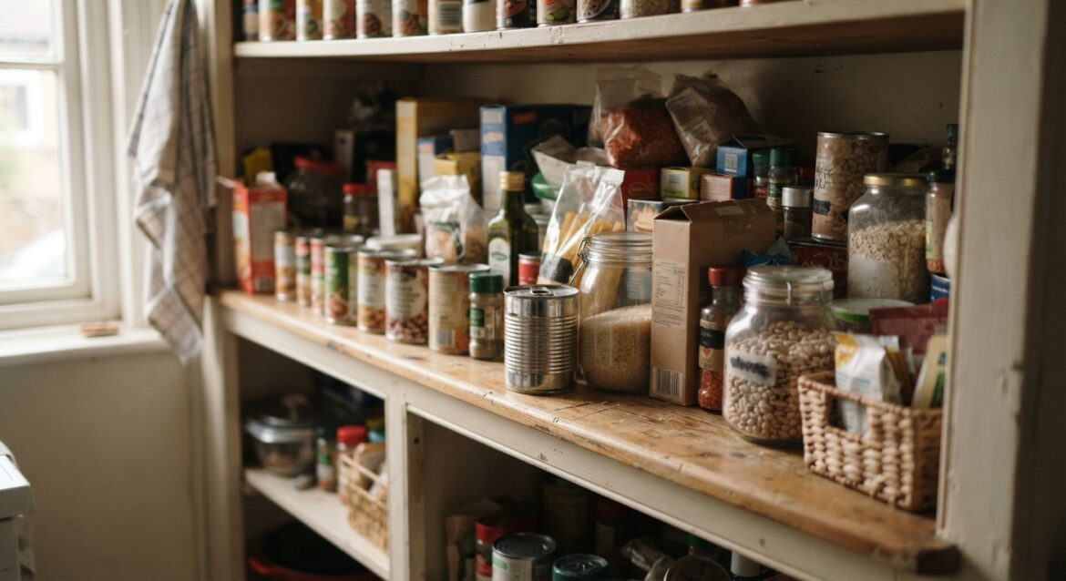 an open pantry shelf stocked with canned goods and dry staples