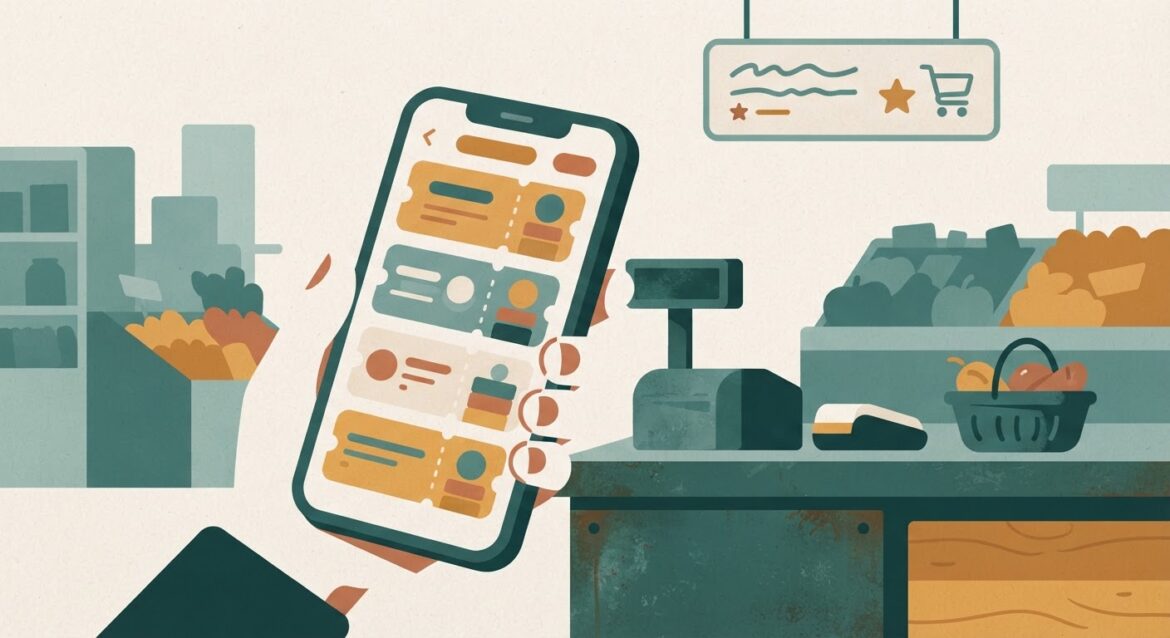 a smartphone displaying grocery coupon apps at a checkout counter