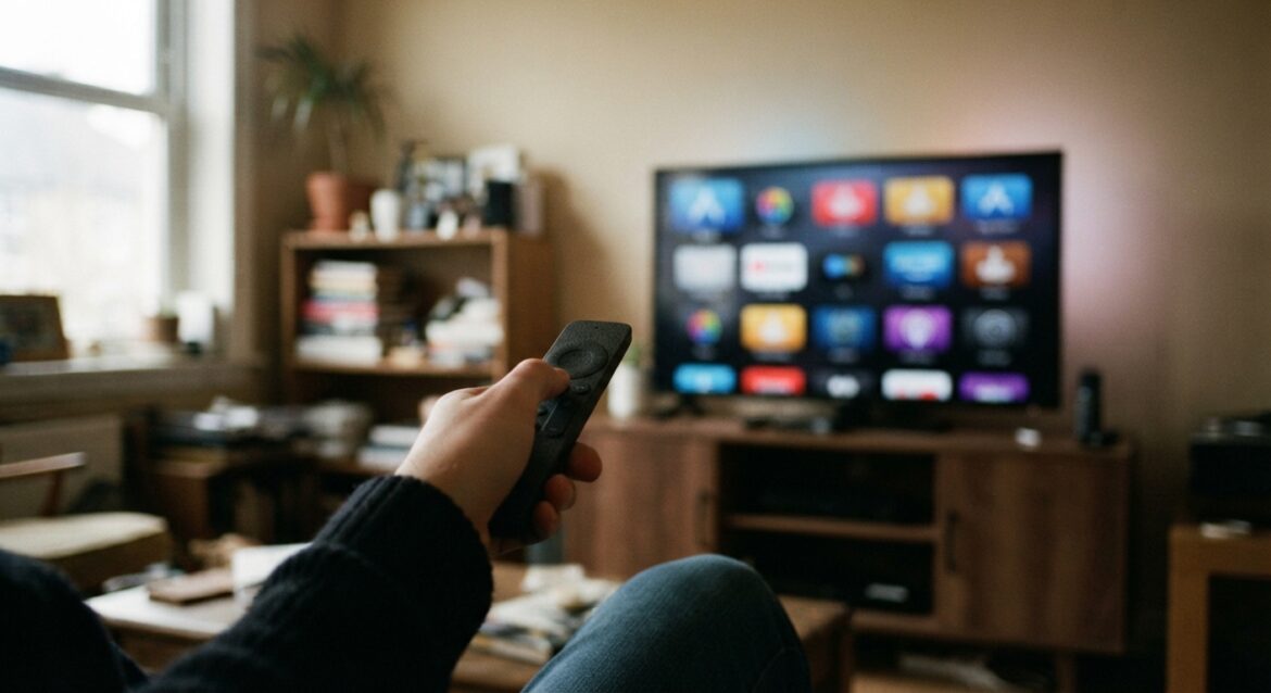 A remote control pointed at a TV showing multiple streaming app icons