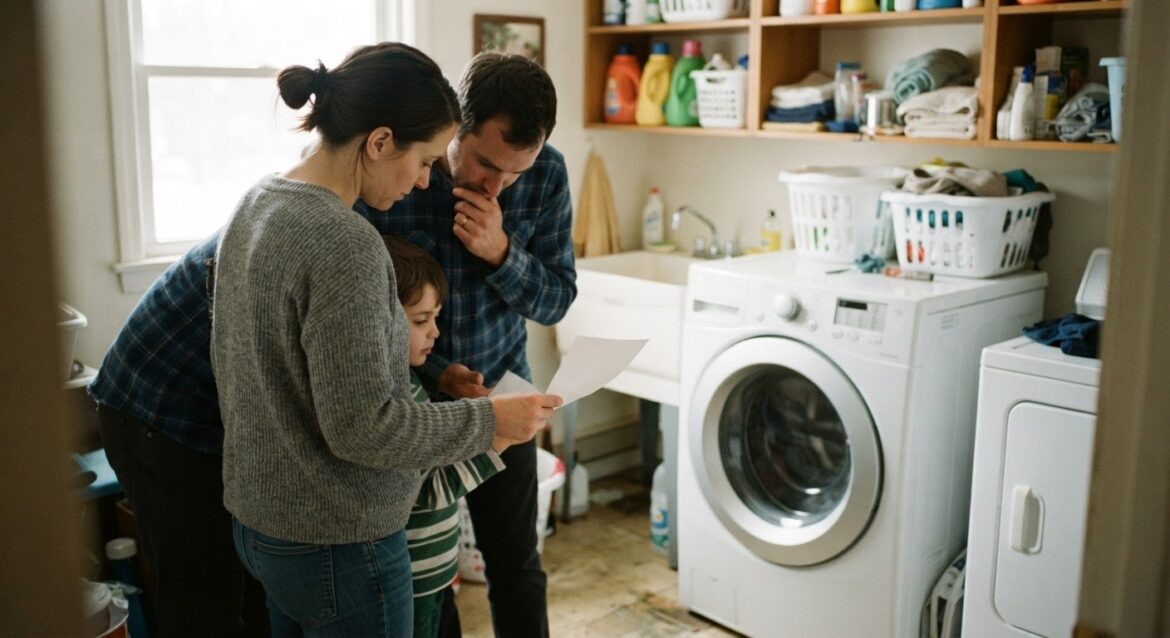 a family reading a rebate form next to a new energy-efficient washing machine