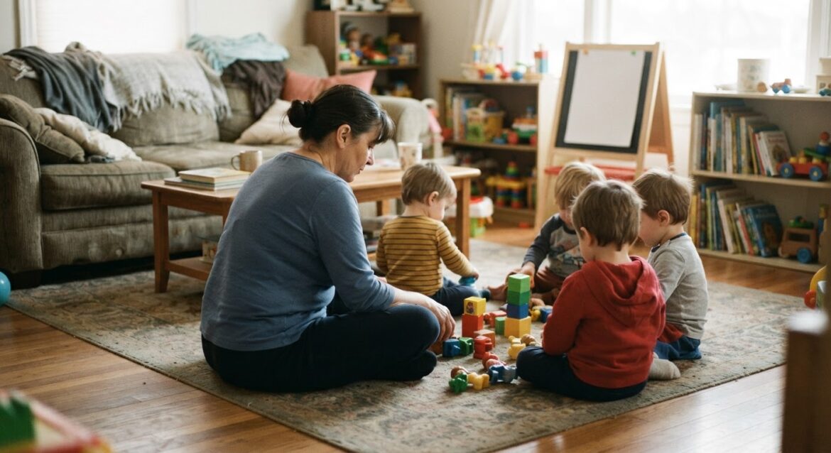 A home daycare provider sitting on the floor with a small group of children in a living room