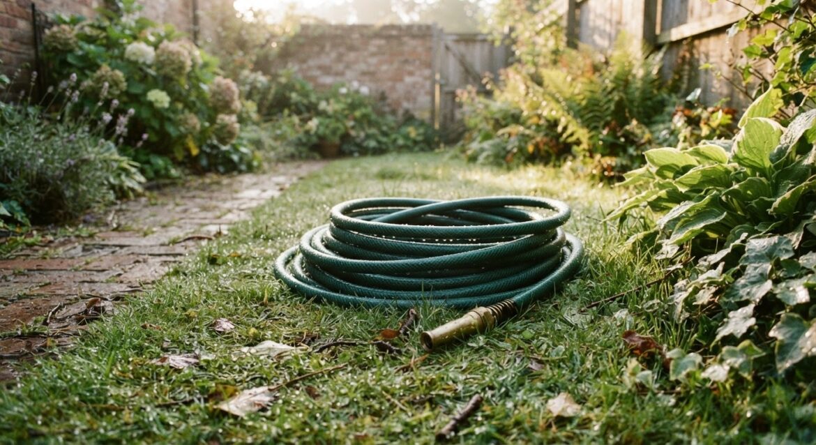 A garden hose coiled near a lawn with morning light and water droplets visible