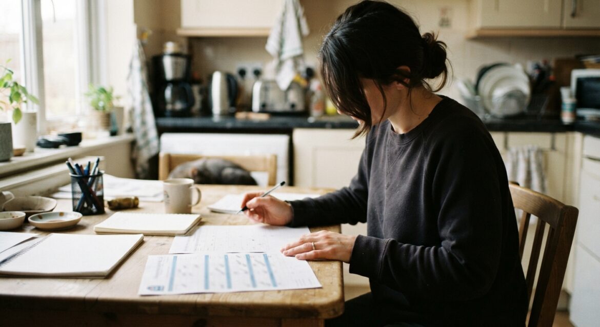 a parent reviewing a school fee schedule calendar at a kitchen table