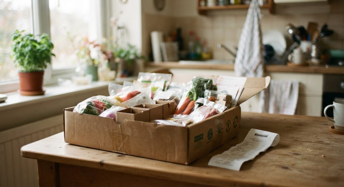 An open meal kit delivery box on a kitchen table next to a grocery receipt