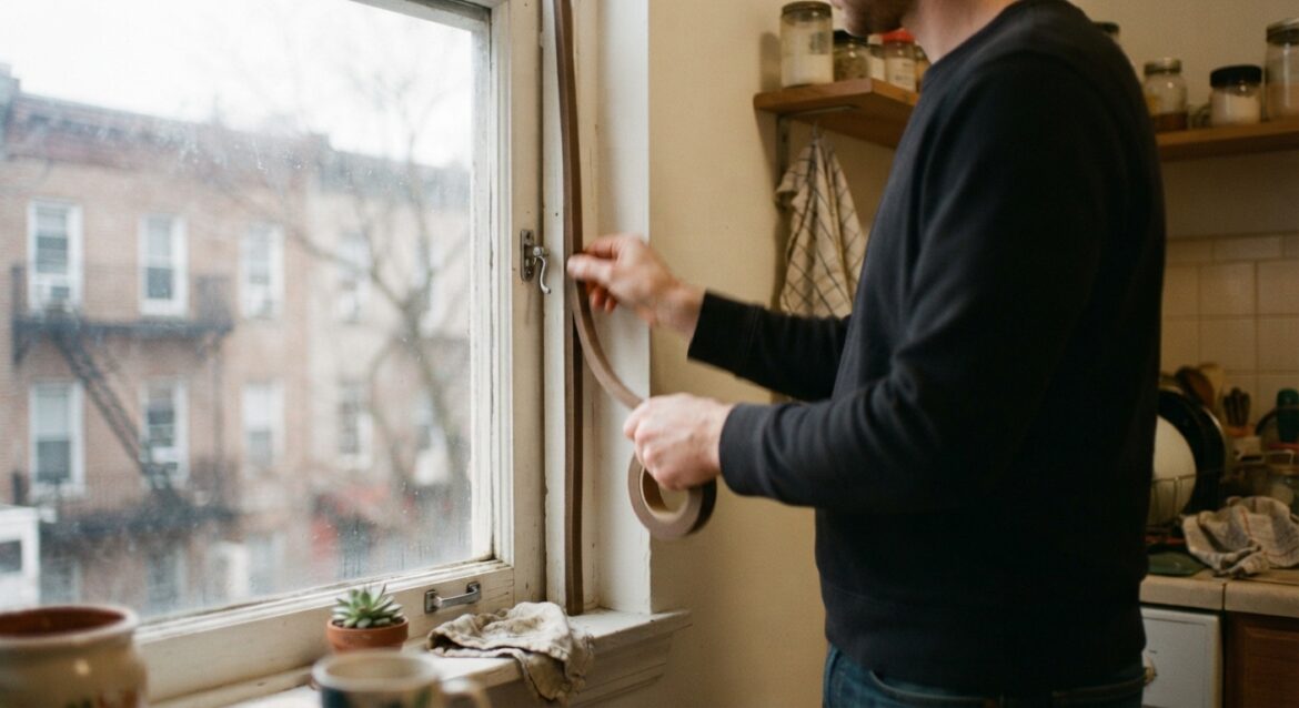 a person applying weatherstripping tape to an apartment window frame