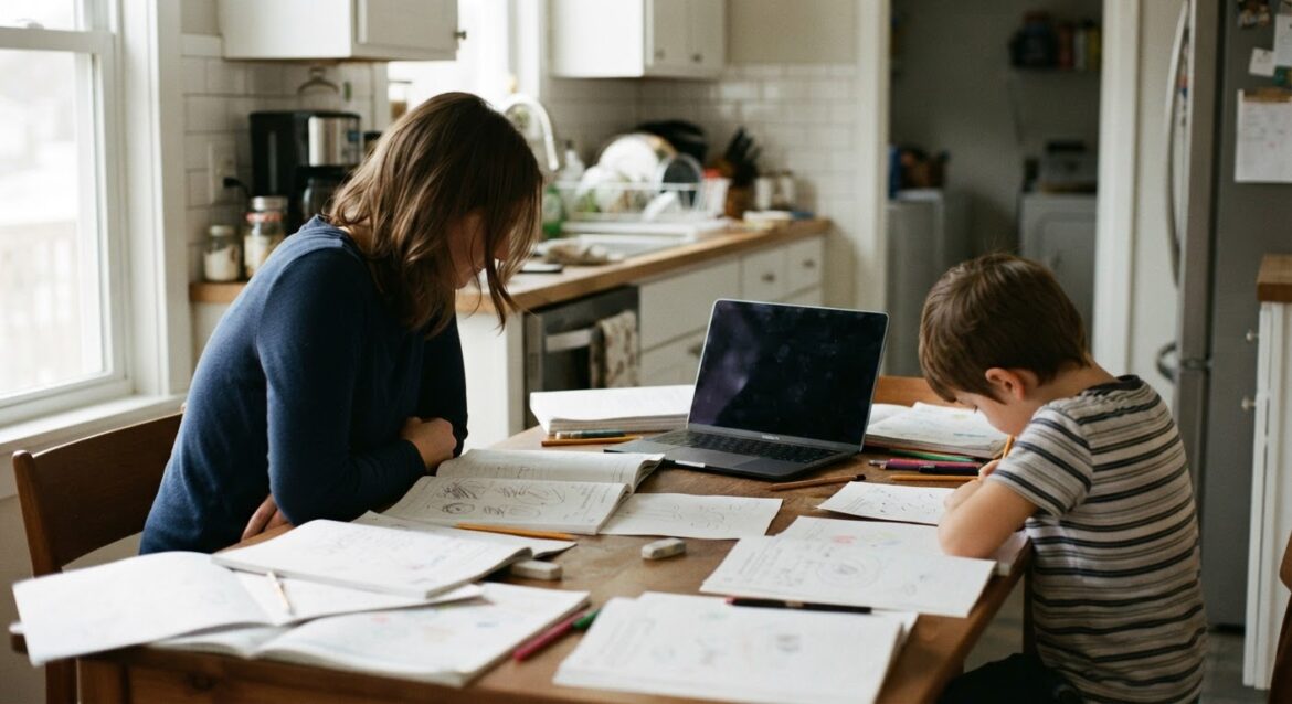 a parent and child sitting at a kitchen table surrounded by homeschool workbooks and a laptop