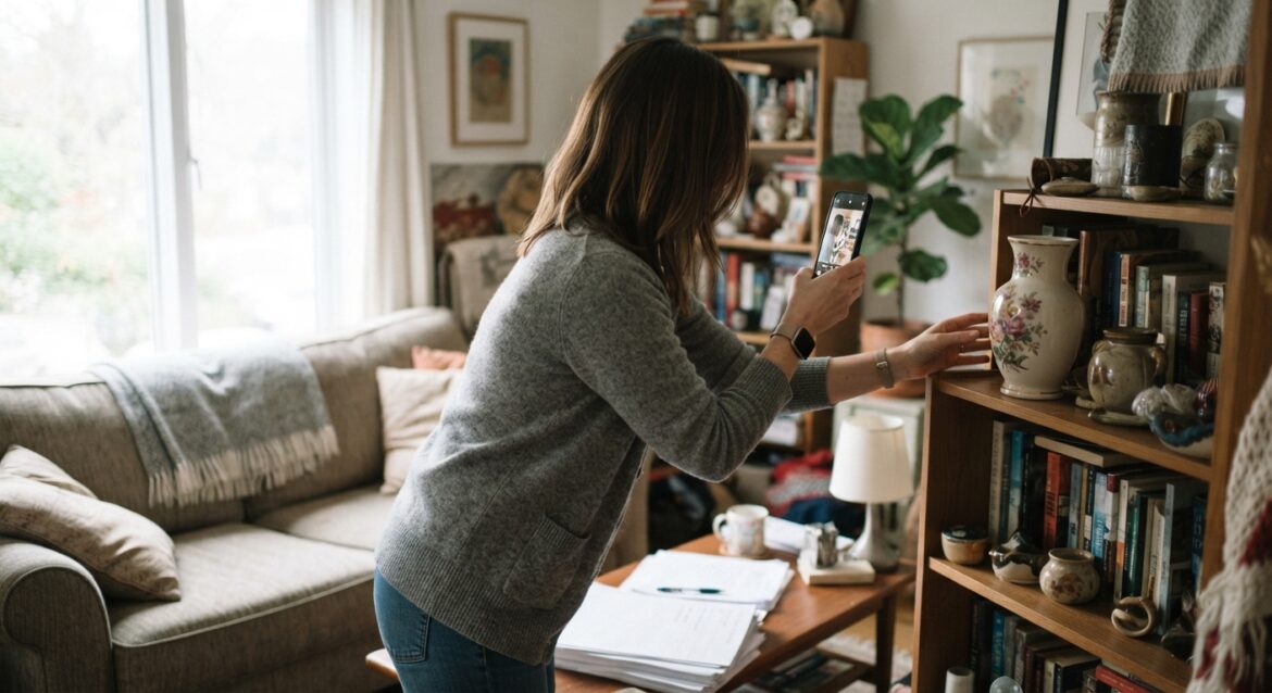 a person using a phone to photograph and catalog household items in a living room for an insurance inventory