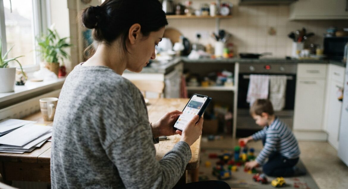 A parent checking a benefits app on their phone while a child plays in the background