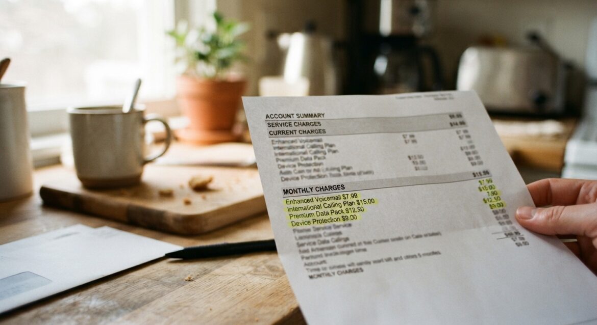 A close-up of a phone bill with add-on service line items highlighted
