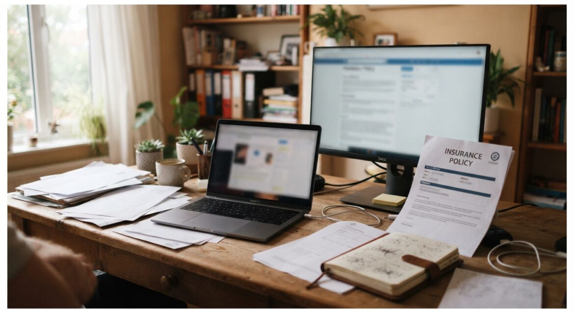 A home office desk in an apartment with a laptop, monitor, and paperwork, next to an insurance policy document