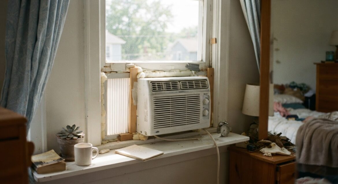A window air conditioning unit installed in a bedroom window with sunlight streaming in