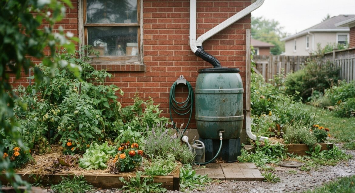 A rain barrel connected to a downspout beside a small backyard garden