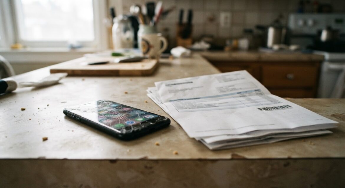 a cracked smartphone screen next to a phone bill statement on a kitchen counter