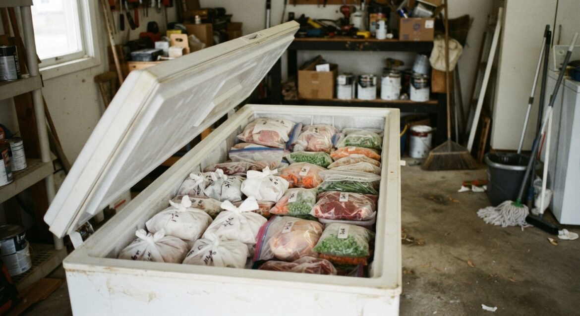 An open chest freezer in a garage neatly packed with labeled bags of frozen meat and vegetables