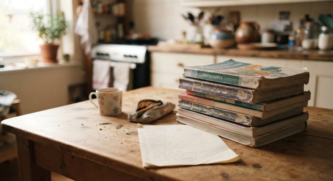 A stack of used school textbooks and workbooks on a kitchen table next to a school supply list